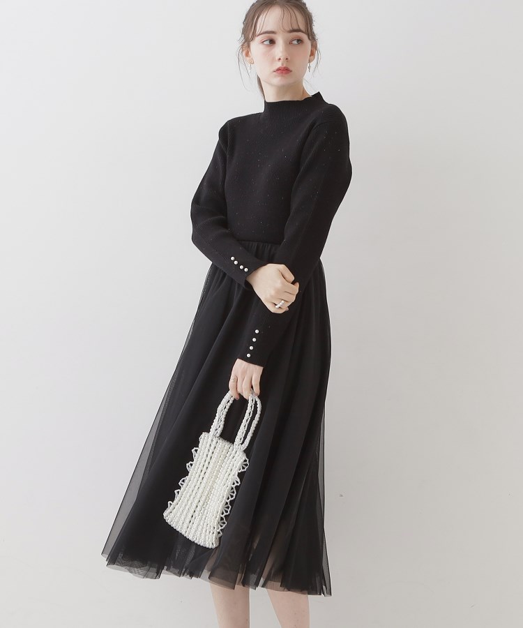 クチュールブローチ(Couture Brooch)の【ふわっと軽い上品なワンピ】ラメニットチュールドッキングワンピース ブラック(019)