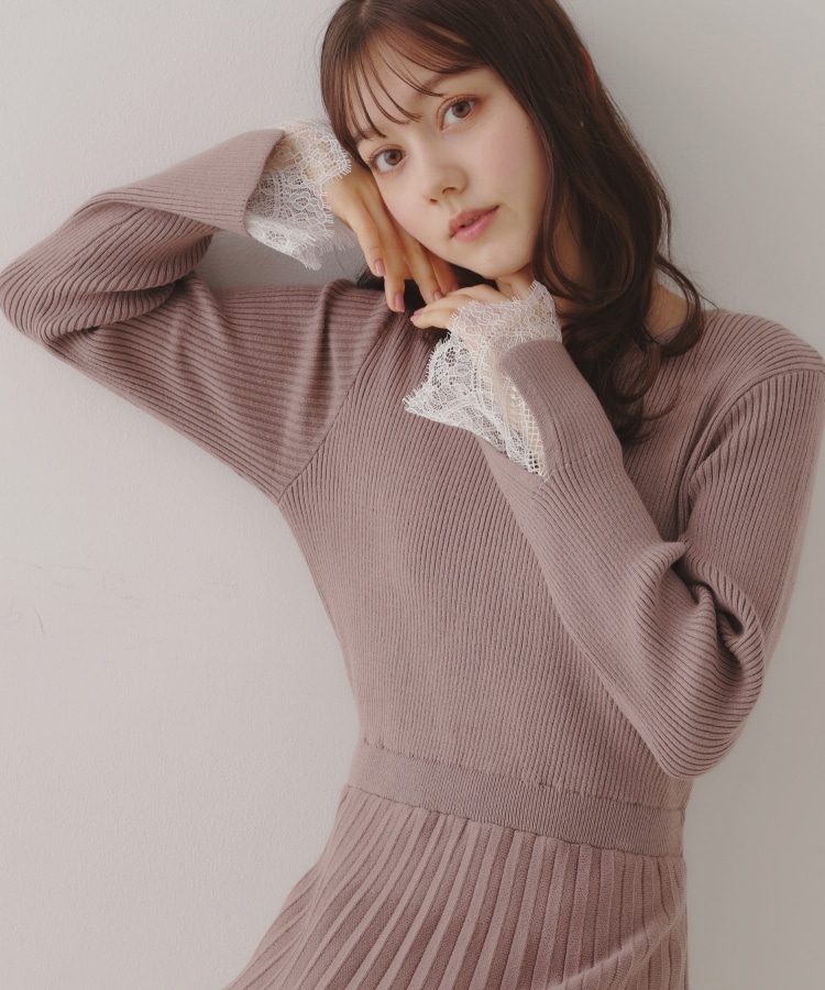 クチュールブローチ(Couture Brooch)の【優雅なレディワンピース】袖裾レースデザインニットワンピース47