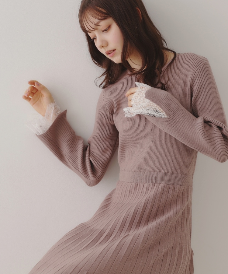 クチュールブローチ(Couture Brooch)の【優雅なレディワンピース】袖裾レースデザインニットワンピース48