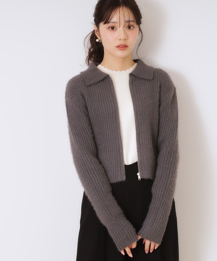 クチュールブローチ(Couture Brooch)の衿付きZIPカーディガン チャコールグレー(014)