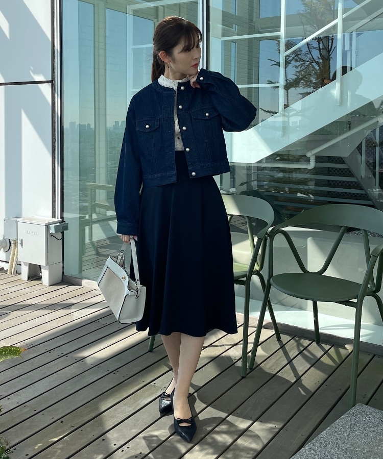 パール調釦ノーカラーデニムジャケット(デニムジャケット パール調釦ノーカラーデニムジャケット(デニムジャケット