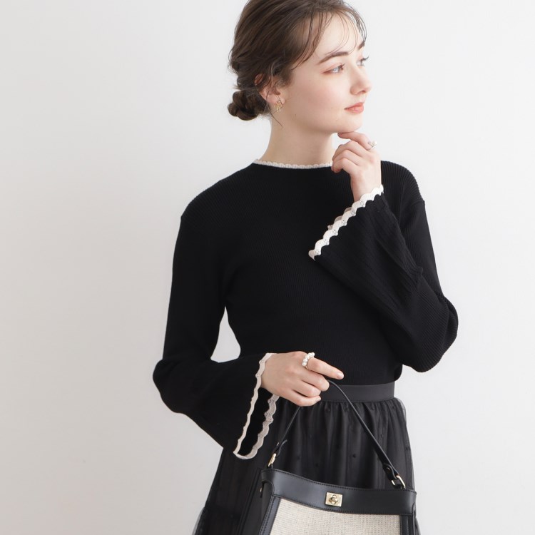 クチュールブローチ(Couture Brooch)の配色ライン透かしフレアー袖リブニット ニット/セーター