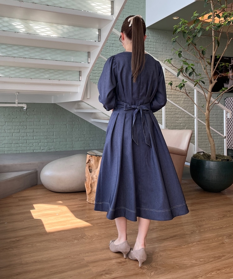 リボン付け外し2WAY/洗える】デニムライクワンピース(ミドル リボン付け外し2WAY/洗える】デニムライクワンピース(ミドル