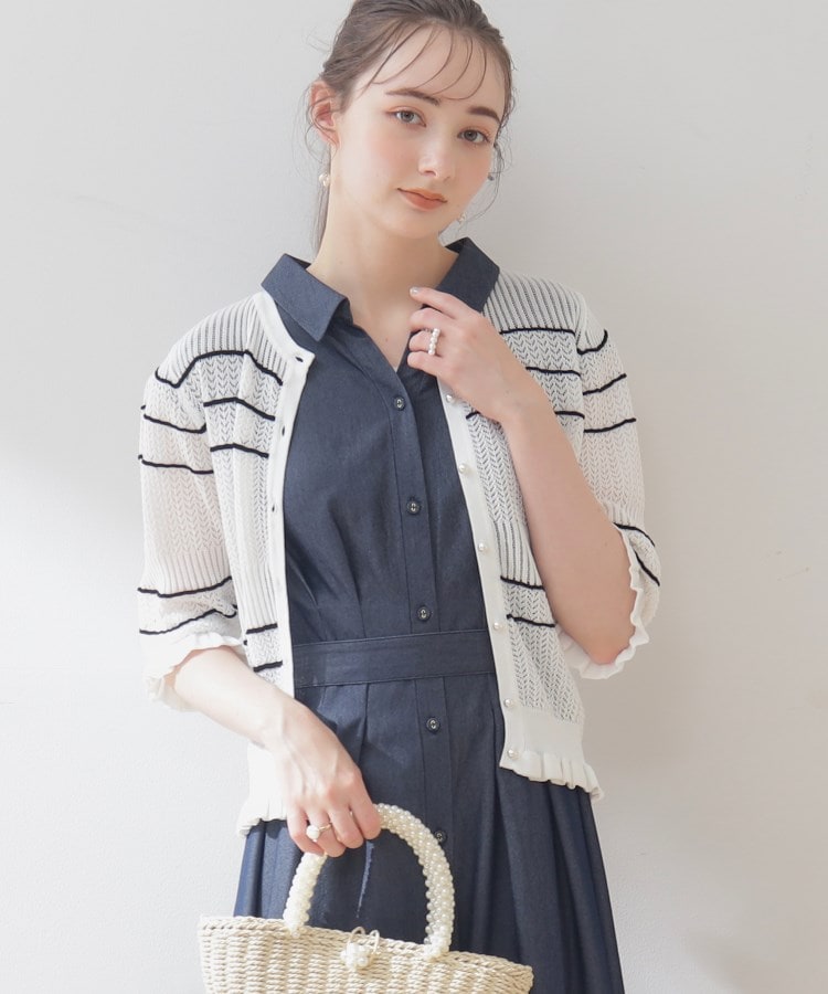 クチュールブローチ(Couture Brooch)の配色透かし編みカーディガン オフホワイト(003)