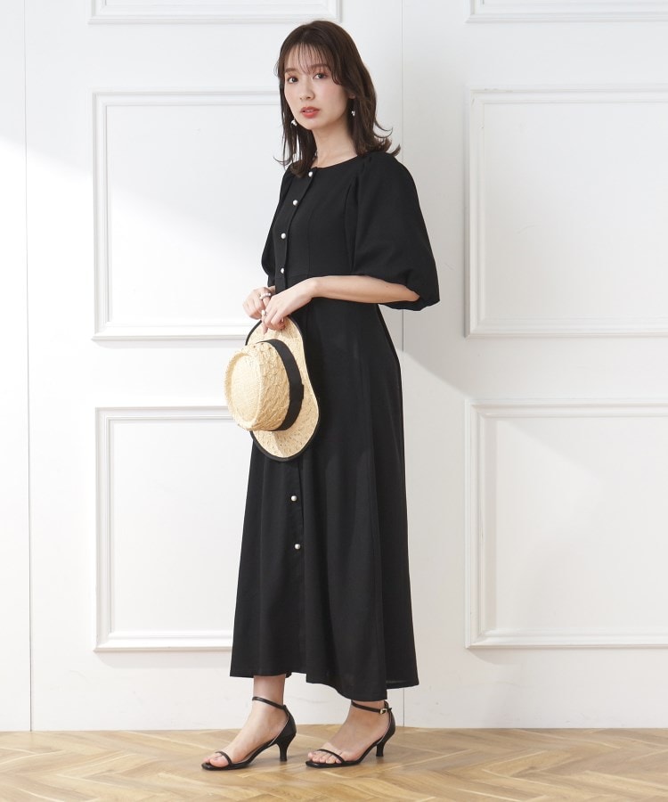 クチュールブローチ(Couture Brooch)のリネンパール調釦ワンピース ブラック(019)