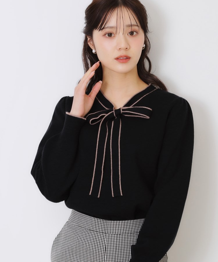 クチュールブローチ(Couture Brooch)の【レディライクな華奢見せニット】配色ラインリボンタイニット ブラック(019)