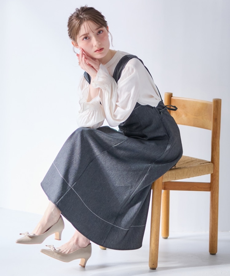 大人可愛い・キレイめジャンスカ】デニムライク細リボン 大人可愛い・キレイめジャンスカ】デニムライク細リボン