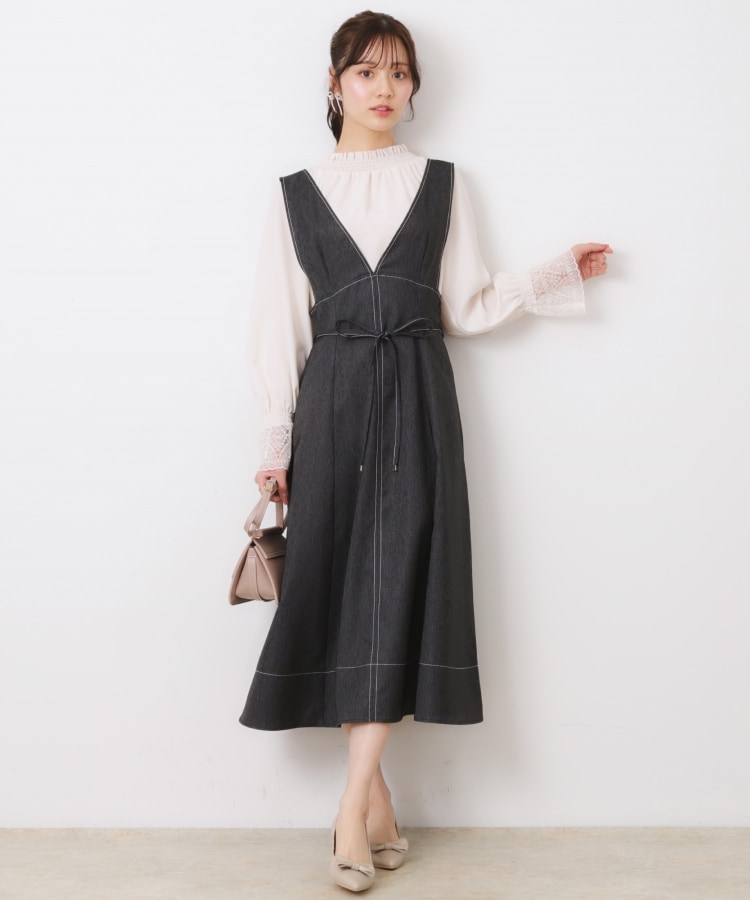 大人可愛い・キレイめジャンスカ】デニムライク細リボン 大人可愛い・キレイめジャンスカ】デニムライク細リボン