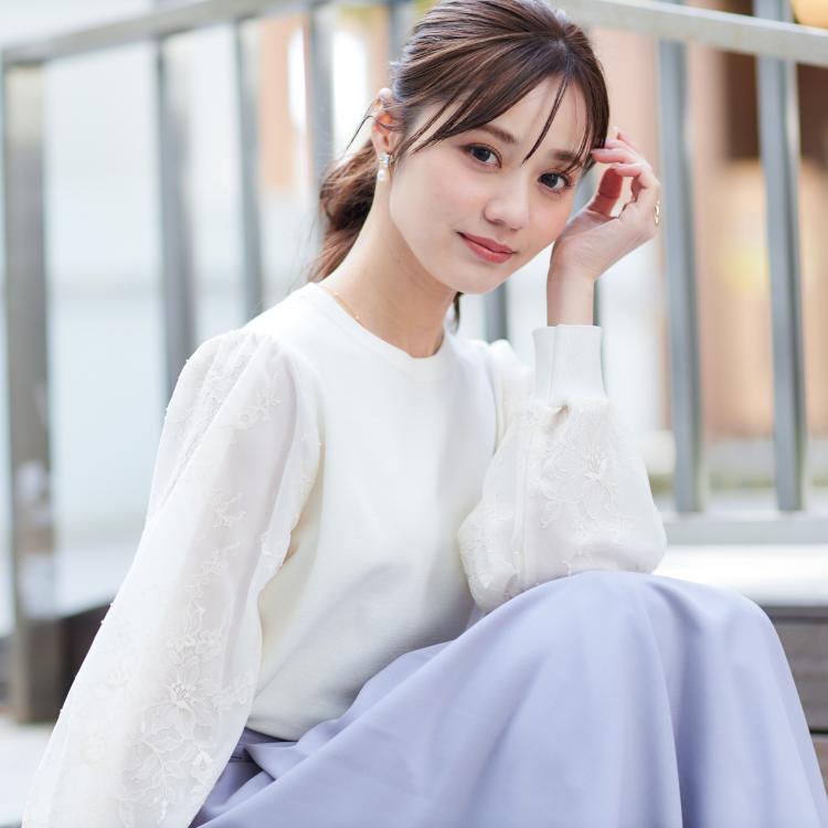 クチュールブローチ(Couture Brooch)の【大人可愛い・フェミニン・通勤】袖レースドッキングニット ニット/セーター