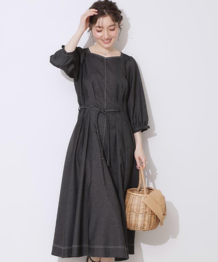 大人可愛い・美シルエット】デニムライク袖リボンワンピース 大人可愛い・美シルエット】デニムライク袖リボンワンピース