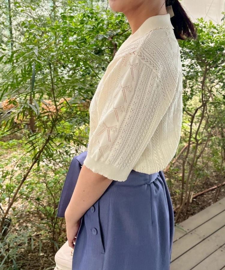 洗える・大人可愛い】リボン透かし柄ポロニット(ニット 洗える・大人可愛い】リボン透かし柄ポロニット(ニット