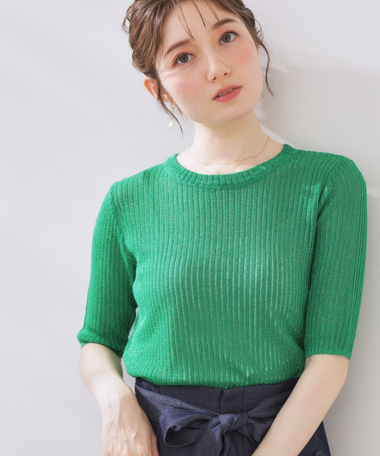 クチュールブローチ(Couture Brooch)のラメリブ5分袖ニット グリーン(022)