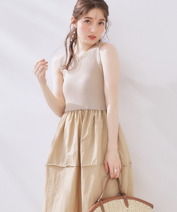 クチュールブローチ(Couture Brooch)の布帛ドッキングニットワンピース ライトベージュ(051)