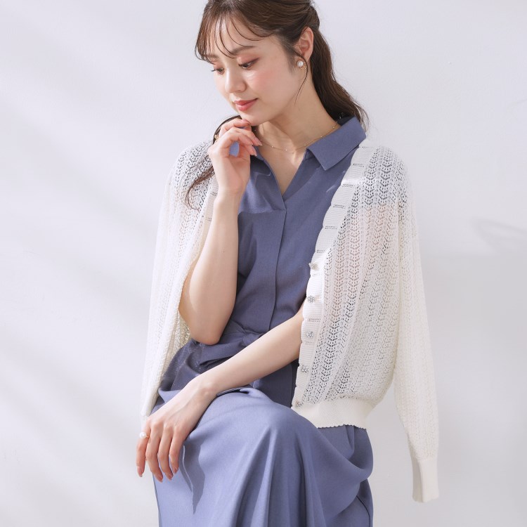 クチュールブローチ(Couture Brooch)の【冷房対策・通勤】透かし編みシャイニーニットカーディガン カーディガン/ボレロ