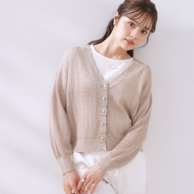 クチュールブローチ(Couture Brooch)の【冷房対策・通勤】透かし編みシャイニーニットカーディガン カーディガン/ボレロ