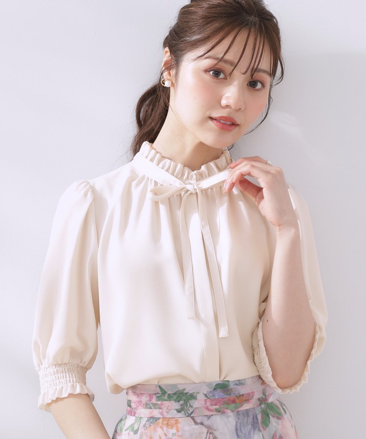 リボンタイ付きピコフリル5分袖ブラウス(シャツ・ブラウス リボンタイ付きピコフリル5分袖ブラウス(シャツ・ブラウス
