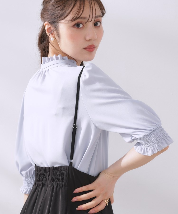 リボンタイ付きピコフリル5分袖ブラウス(シャツ・ブラウス リボンタイ付きピコフリル5分袖ブラウス(シャツ・ブラウス