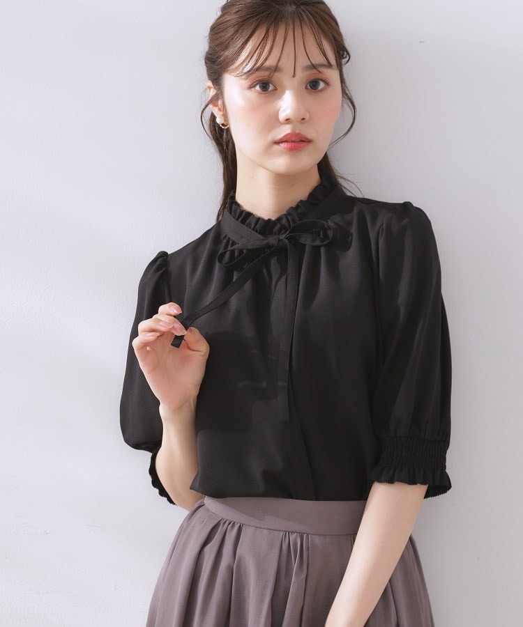 リボンタイ付きピコフリル5分袖ブラウス(シャツ・ブラウス リボンタイ付きピコフリル5分袖ブラウス(シャツ・ブラウス