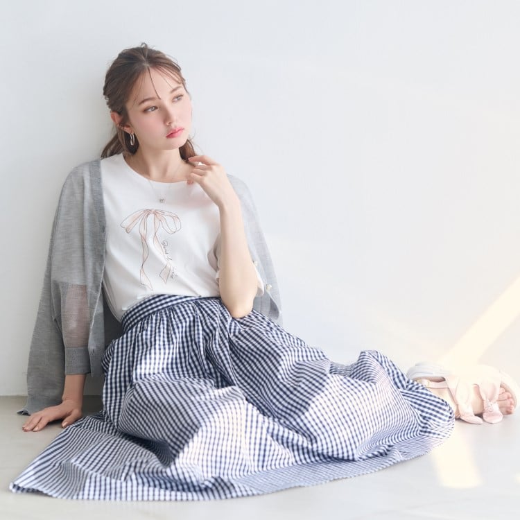 クチュールブローチ(Couture Brooch)の【大人可愛い・ゴム仕様】ギンガムチェック　タック＆ギャザースカート ミモレスカート