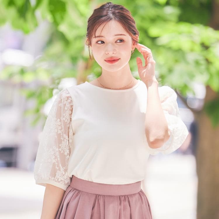 クチュールブローチ(Couture Brooch)の【接触冷感・UV・マシンウォッシャブル】袖レースデザイントップス カットソー