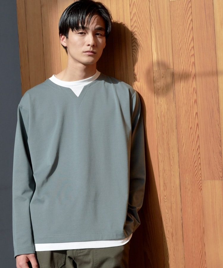 ザ ショップ ティーケー（メンズ）(THE SHOP TK(Men))の【1枚でサマになる】ポンチキーネックロングTシャツ ライトグリーン(021)