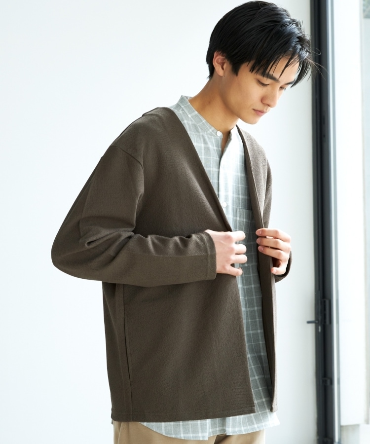 ザ ショップ ティーケー（メンズ）(THE SHOP TK(Men))の【ふっくらシャリ感のある肌触り】バルキーノーカラーカーディガン キャメル(041)