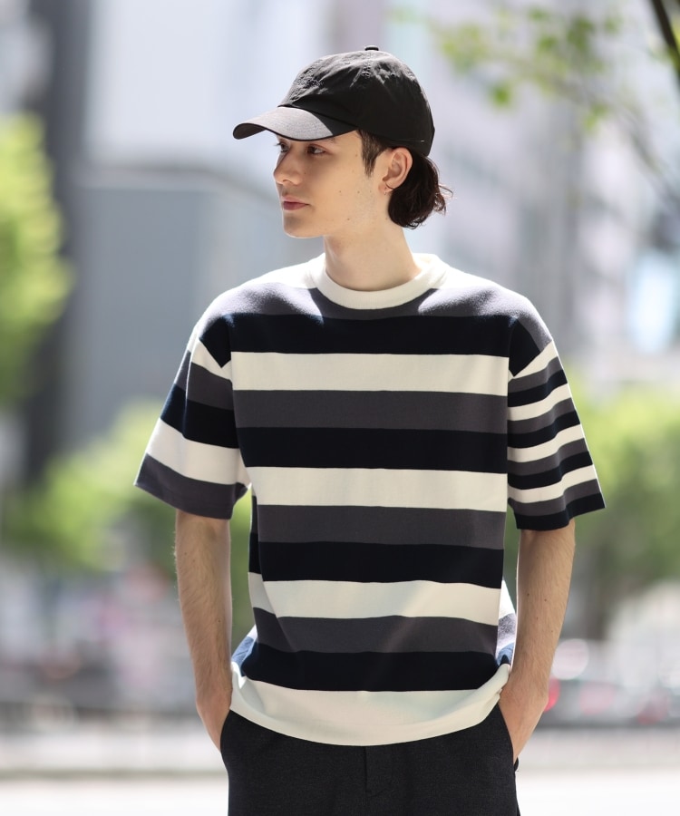 ザ ショップ ティーケー（メンズ）(THE SHOP TK(Men))のマルチボーダー半袖ニットTシャツ ネイビー(393)