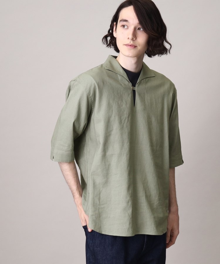 ザ ショップ ティーケー（メンズ）(THE SHOP TK(Men))の【シワになりにくい】ベルギーリネン混スキッパー五分袖シャツ カーキ(027)