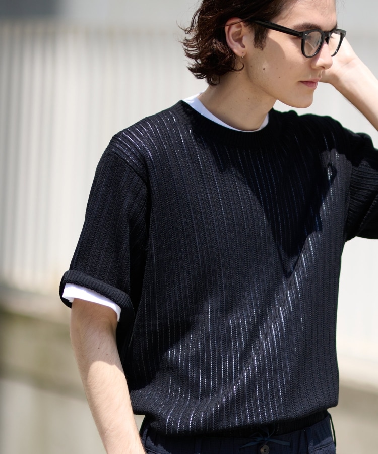 ザ ショップ ティーケー（メンズ）(THE SHOP TK(Men))の【2枚セットアイテム】シアーメッシュニット＋半袖Ｔシャツアンサンブル ブラック(019)