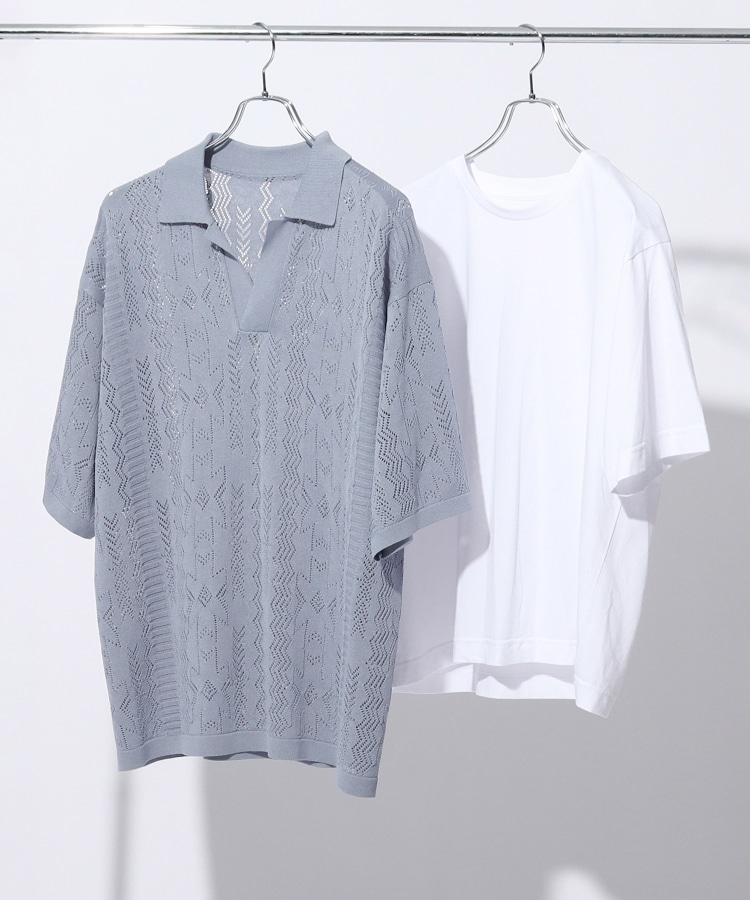 ザ ショップ ティーケー（メンズ）(THE SHOP TK(Men))の【2枚セットアイテム】シアーメッシュニットポロ＋半袖Ｔシャツアンサンブル35