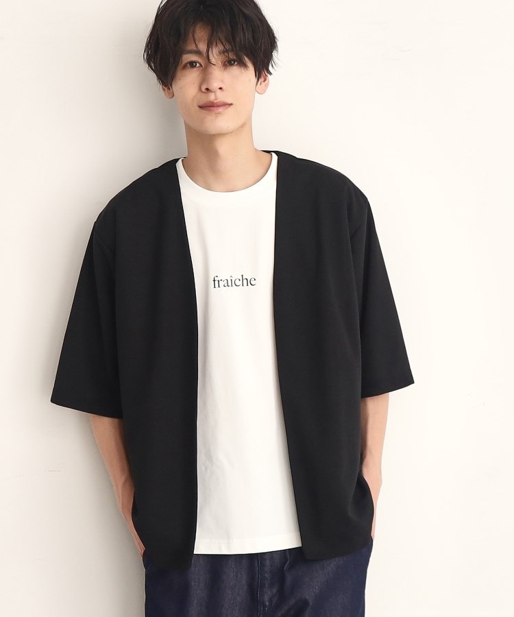 ザ ショップ ティーケー（メンズ）(THE SHOP TK(Men))の【インナー×五分袖カーデ セットアイテム】梨地ハーフスリーブカーディガン×ライトパーフェクティー ブラック(019)