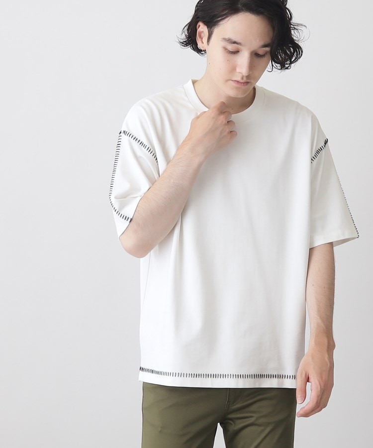 ザ ショップ ティーケー（メンズ）(THE SHOP TK(Men))の冷感ポンチステッチTシャツ 接触冷感／リラックスシルエット オフホワイト(003)