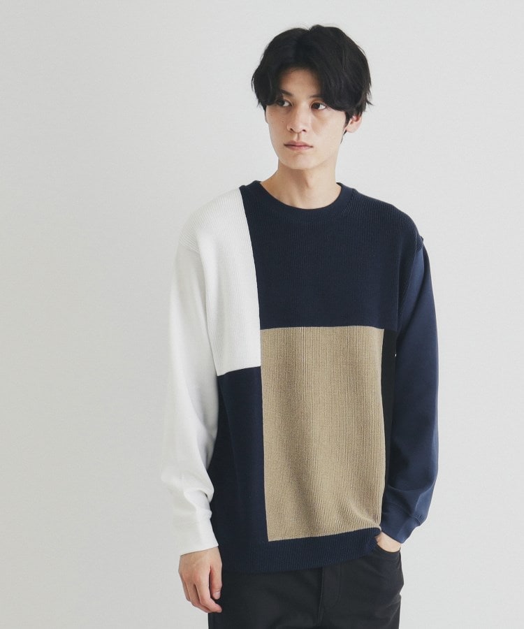 ザ ショップ ティーケー（メンズ）(THE SHOP TK(Men))の異素材ブロッキングニットプルオーバー ネイビー(594)