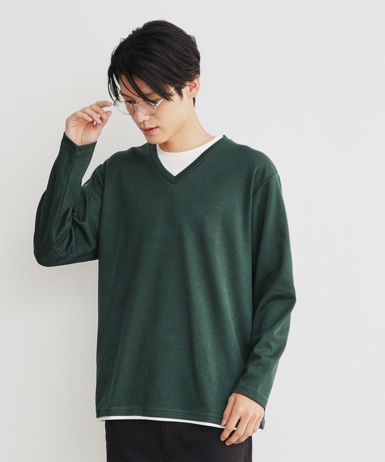 畦編みフェイクレイヤードVネック長袖Tシャツ(カットソー 畦編みフェイクレイヤードVネック長袖Tシャツ(カットソー