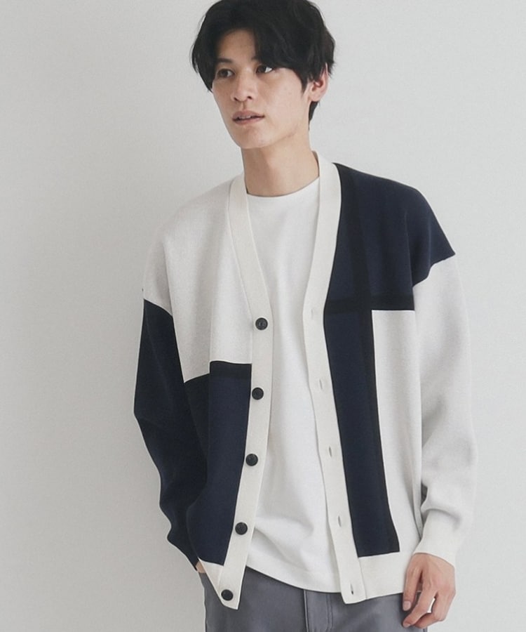 ザ ショップ ティーケー（メンズ）(THE SHOP TK(Men))のパネルジャカードニットカーディガン ネイビー(594)