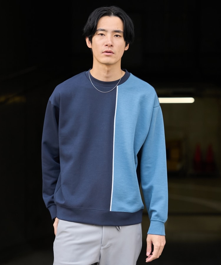 ザ ショップ ティーケー（メンズ）(THE SHOP TK(Men))の【ハリコシのあるキレイめ素材/ストレッチ】ダンボールパネルプルオーバー ネイビー(594)