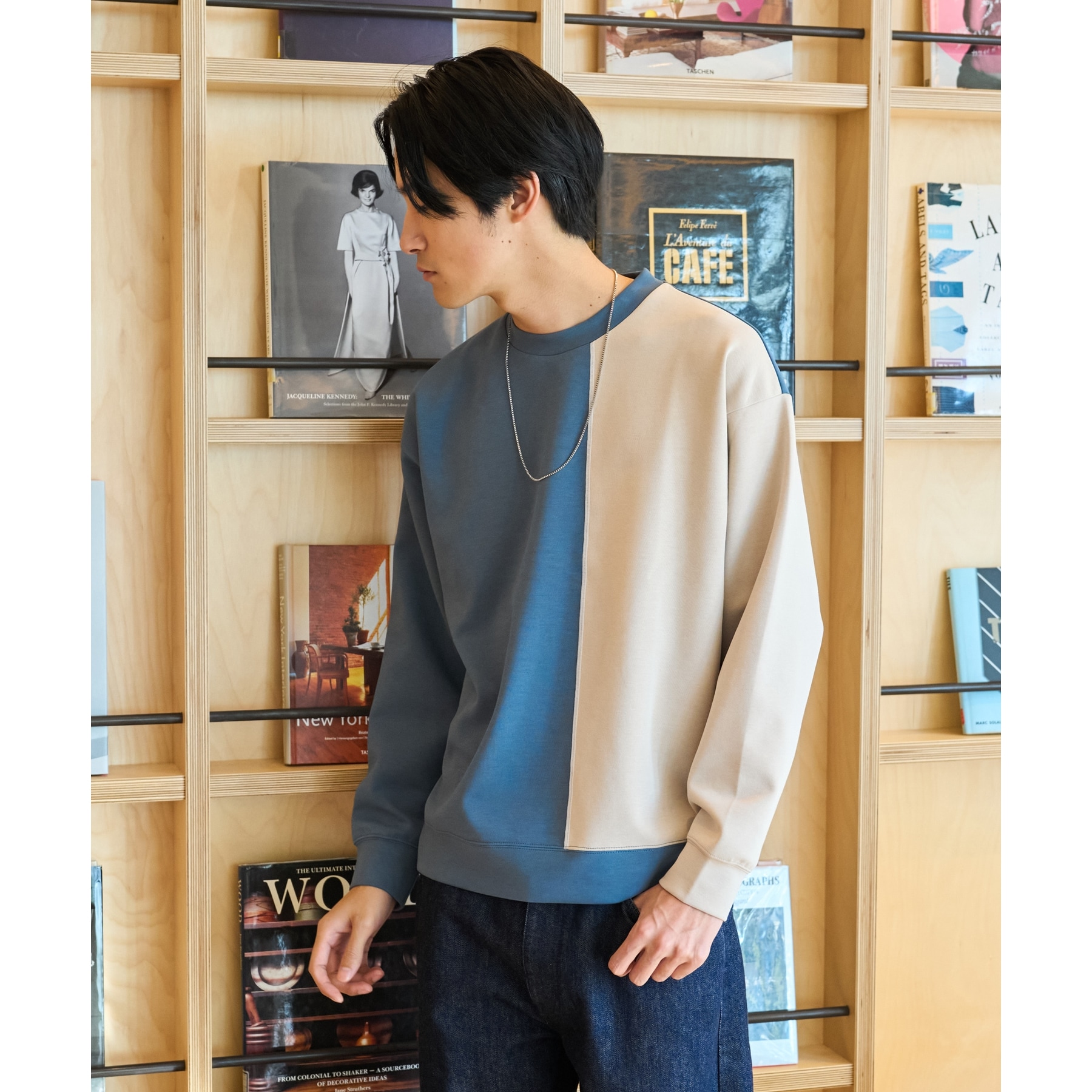 ザ ショップ ティーケー（メンズ）(THE SHOP TK(Men))の【ハリコシのあるキレイめ素材/ストレッチ】ダンボールパネルプルオーバー ブルーグリーン(597)