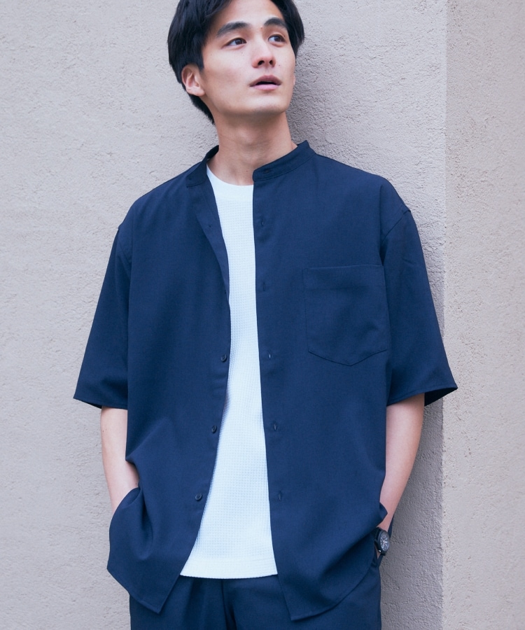 ザ ショップ ティーケー（メンズ）(THE SHOP TK(Men))の【セットアップ可】テクリーノバンドカラー半袖シャツ ネイビー(094)