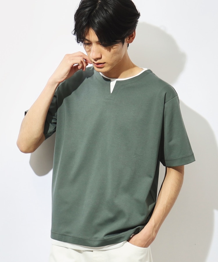 ザ ショップ ティーケー（メンズ）(THE SHOP TK(Men))の【ブランド定番／1枚でコーデが決まる！】ポンチキーネック半袖Tシャツ グリーン(022)