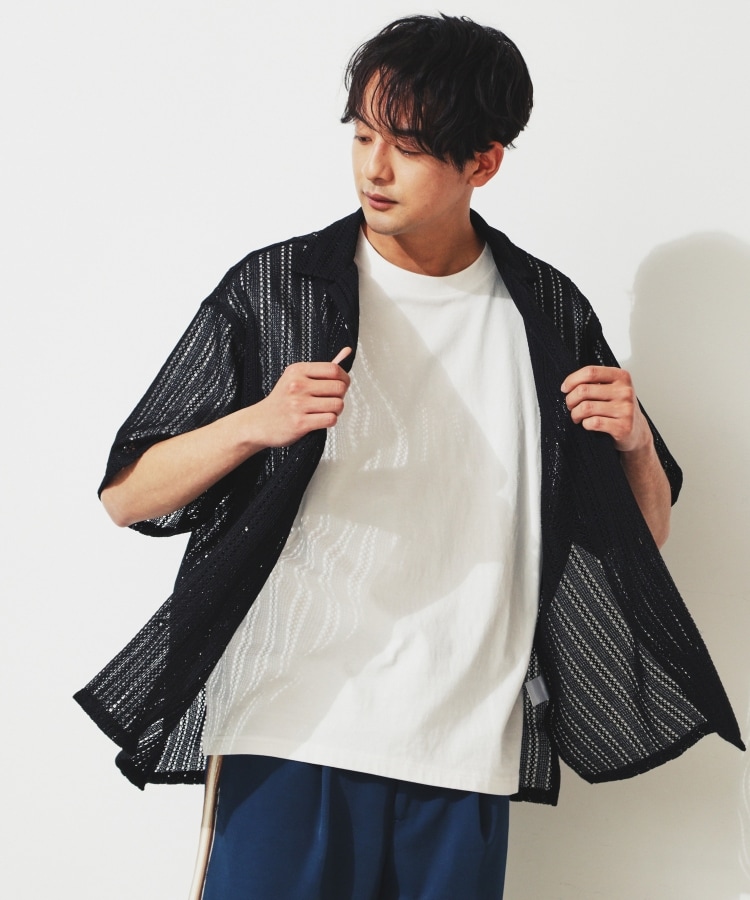 ザ ショップ ティーケー（メンズ）(THE SHOP TK(Men))の【メッシュシャツ＋半袖Tシャツ セットアイテム】レースシアールーズ半袖シャツ ブラック(019)