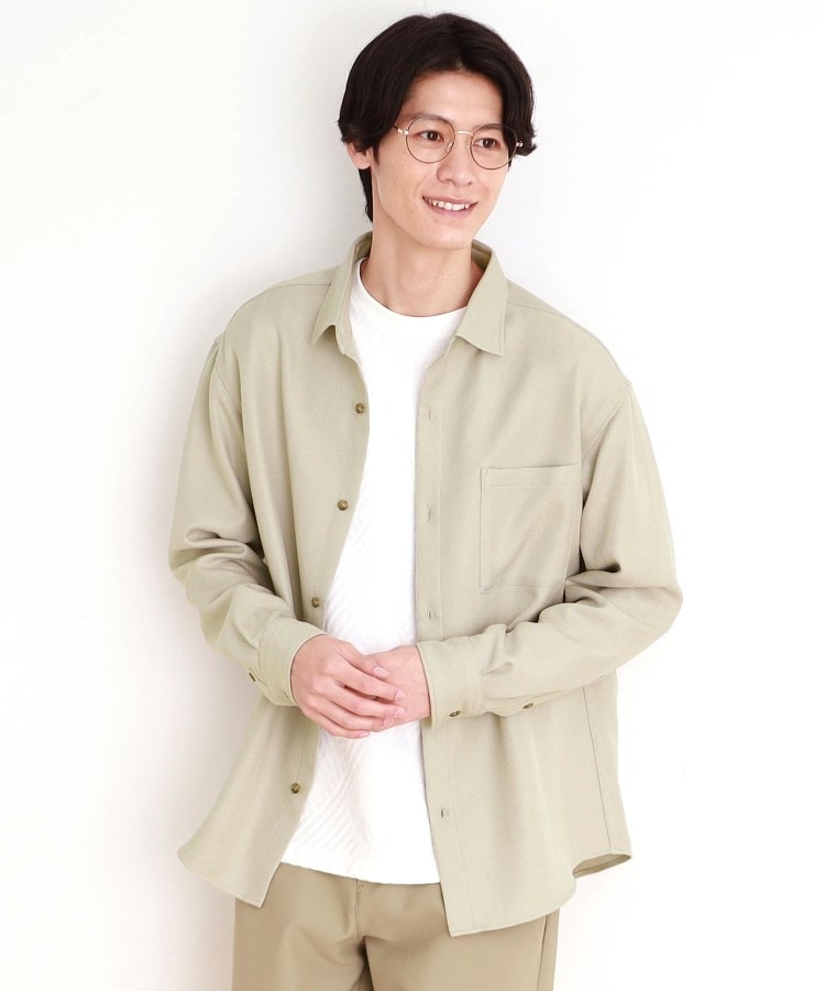 ザ ショップ ティーケー（メンズ）(THE SHOP TK(Men))のウールライクへリンボンシャツ リラックスシルエット ベージュ(452)