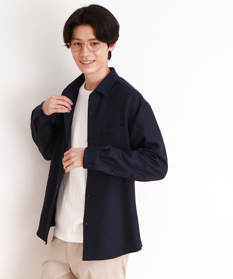 ザ ショップ ティーケー（メンズ）(THE SHOP TK(Men))のウールライクへリンボンシャツ リラックスシルエット ネイビー(494)