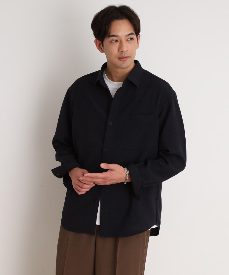 ザ ショップ ティーケー（メンズ）(THE SHOP TK(Men))のリネンライクレギュラーカラーシャツ セットアップ可 ネイビー(094)