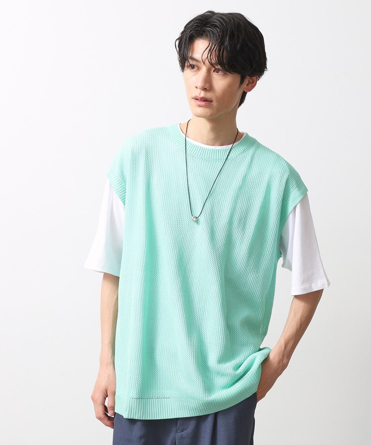 ザ ショップ ティーケー（メンズ）(THE SHOP TK(Men))のメッシュニットアンサンブルベスト　【半袖Tシャツセットアイテム/洗濯機OK】 ライトグリーン(020)
