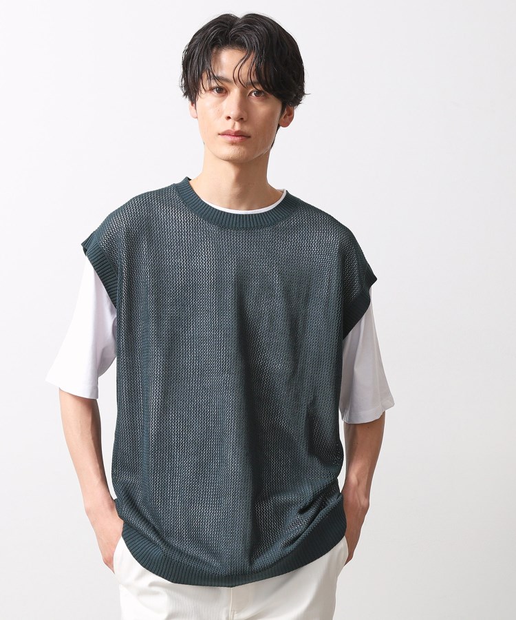 ザ ショップ ティーケー（メンズ）(THE SHOP TK(Men))のメッシュニットアンサンブルベスト　【半袖Tシャツセットアイテム/洗濯機OK】 グリーン(024)