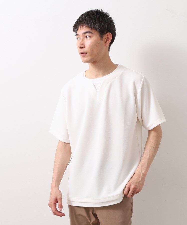 ザ ショップ ティーケー（メンズ）(THE SHOP TK(Men))のツイルキーネック半袖Tシャツ 【接触冷感/洗濯機OK】 オフホワイト(003)
