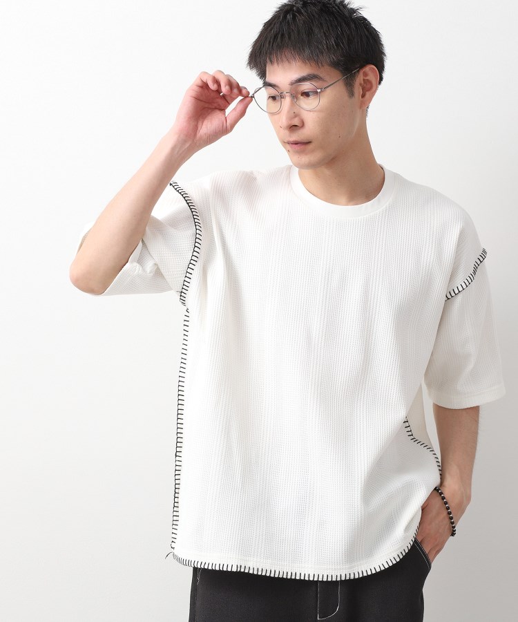 ザ ショップ ティーケー（メンズ）(THE SHOP TK(Men))のステッチ刺繍半袖Tシャツ ビックシルエット オフホワイト(003)