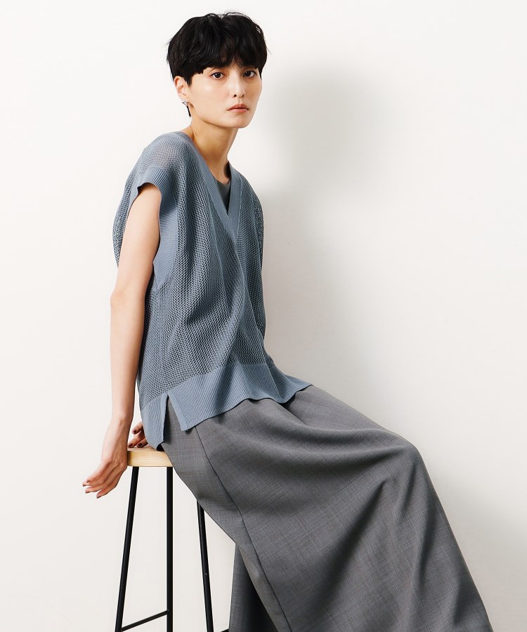 ツインセット】メッシュニット×ノースリーブワンピース【洗濯機 ツインセット】メッシュニット×ノースリーブワンピース【洗濯機