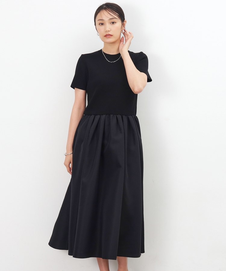 ニット×タフタ ドッキングワンピース【洗濯機洗い可/抗ピル ニット×タフタ ドッキングワンピース【洗濯機洗い可/抗ピル