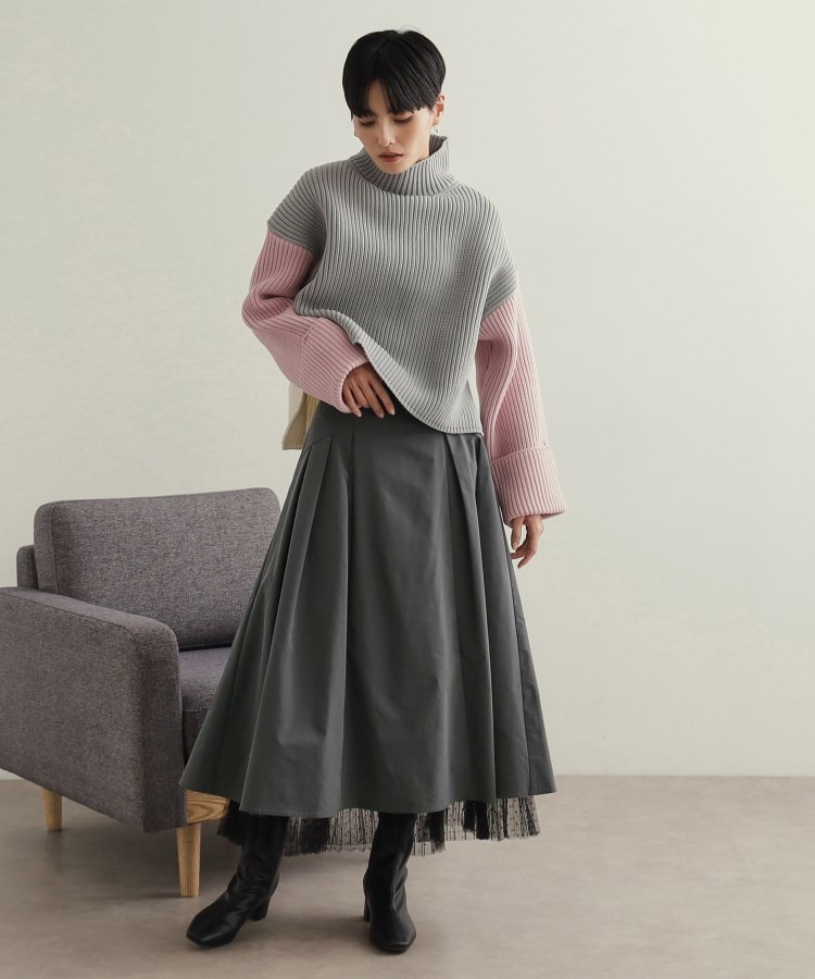 裾チュールプリーツドッキング タックフレアスカート【洗濯機 裾チュールプリーツドッキング タックフレアスカート【洗濯機